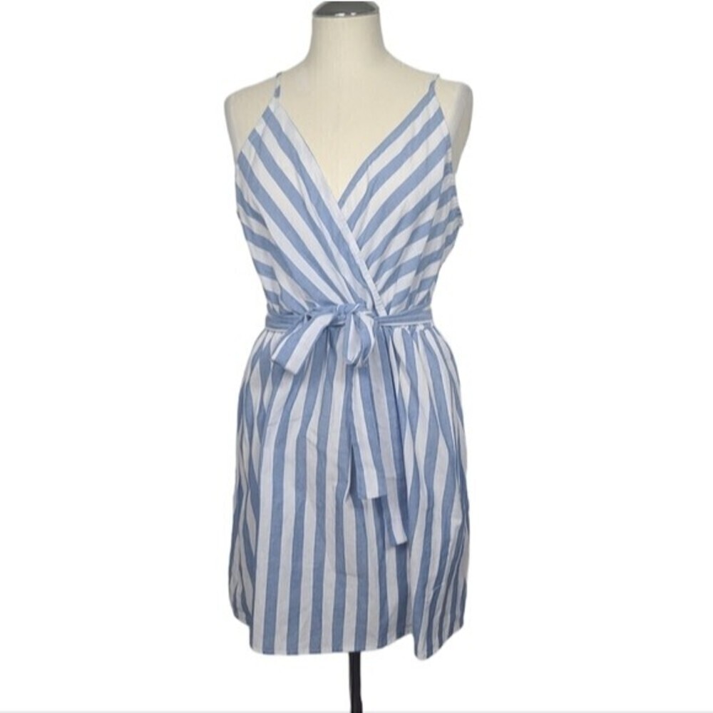 Shein Striped Blue White Belted V Neck Mini Dress 8/10